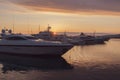 Luxury yachts docked in sea port at sunset, Sochi, Russia