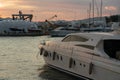 Luxury yachts harbor at golden hour view at Cannes Yacht Charter. Royalty Free Stock Photo