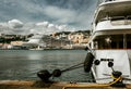 Luxury yachts and huge cruise ship in Genova port, Italy. Traveling with comfort concept image