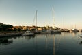 Luxury Yachts moored in a harbor of Porto Cervo on the early sunset, Sardinia, Italy Royalty Free Stock Photo