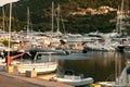 Luxury Yachts moored in a harbor of Porto Cervo on the early sunset, Sardinia, Italy Royalty Free Stock Photo