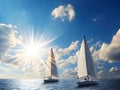 Luxury yachts on a sailing regatta. The bright sun is at its zenith. Created Ai.