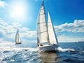 Luxury yachts on a sailing regatta. The bright sun is at its zenith. Created Ai.