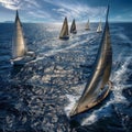 Luxury Yachts at Sea, Sailing Regatta, Sailing Sport in Ocean Waves, Generative AI Illustration Royalty Free Stock Photo