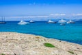 Luxury yachts in turquoise beach of Formentera Illetes Royalty Free Stock Photo