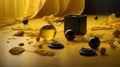 Luxury yellow and dark theme wallpaper with small cubes and spheres in foreground