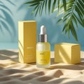 Luxury Yellow Serum Bottle with Dropper and Box on Tropical Summer Background Royalty Free Stock Photo