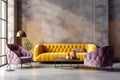 Luxury yellow sofa and violet armchairs near dark stucco wall. Interior design of modern living room. Created with generative AI