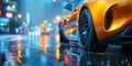 luxury yellow sports car in city on road at night with rain. Back rear wheel on wet slippery asphalt Royalty Free Stock Photo