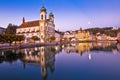 Luzern church and Reuss river waterfront dawn view