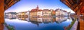 Luzern Kapelbrucke and riverfront architecture famous Swiss landmarks panoramic view