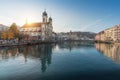 Luzern Skyline with Jesuit Church and Reuss River at sunset - Lucerne, Switzerland Royalty Free Stock Photo