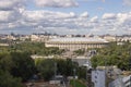 Luzhniki stadium, green area, cable car across the river. Cityscape of Moscow.