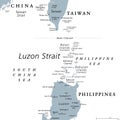 Luzon Strait, strait between Luzon and Taiwan, gray political map