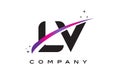 LV L V Black Letter Logo Design with Purple Magenta Swoosh