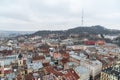 Lviv bird`s-eye view of from of the City Hall Ratusha.