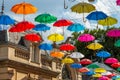 Lviv city colorful umbrellas on the street. Ukraine