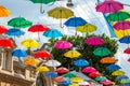Lviv city colorful umbrellas on the street. Ukraine