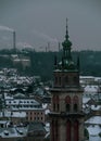 Lviv City in the evening. Central part of the old town of Lvov, cultural tourism center of Ukraine.Old historic building Royalty Free Stock Photo