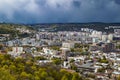 Lviv Lvov Lemberg city downtown view from mount on High Castle Hill on spring day. Dramatic sky. Ukraine Royalty Free Stock Photo