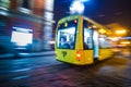 Lviv night blurred tram on historical beautiful streets