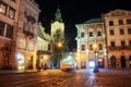 Lviv panorama at night. View of the night street of the European medieval city. Royalty Free Stock Photo