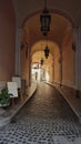 Lviv small street with old cobbled road and lanterns Royalty Free Stock Photo