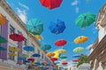 Lviv street decorated with umbrellas in Ukraine Royalty Free Stock Photo