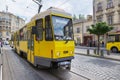 09.08.2019, Lviv, UA. Yellow tram on the street of Lviv.