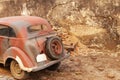 Lviv, Ukraine - 9 9 2019: Army american cars on a street destroyed by war. Scenery for the Holocaust feature film during