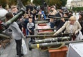 Lviv, Ukraine - Aug 12, 2022: People hold used anti-tank and anti-aircraft military equipment, which were used by Ukrainian