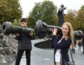 Lviv, Ukraine - Aug 12, 2022: People hold used anti-tank and anti-aircraft military equipment, which were used by Ukrainian