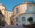 Lviv, Ukraine - Auguat 28, 2019: House of Scientists - a former national casino. Panoramic view of courtyard in eavning