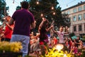 Lviv, Ukraine - August 4, 2018. People dancing salsa and bachata in outdoor cafe in Lviv Royalty Free Stock Photo