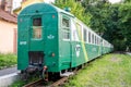 Lviv, Ukraine - August 2015: Railway train carriages breeze on the children's railway in Striysky Park in Lviv
