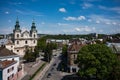 The Roman Catholic church of St. Mary Magdalene (House of organ and chamber music) in Lviv, Ukraine. View from drone