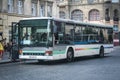 LVIV, UKRAINE - AUGUST 11, 2014: Selective blur on a bus of Lviv bus ready for an urban service in the city center of the city.