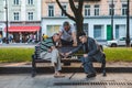 Lviv, Ukraine - August 3, 2019 - seniors playing chess at city bench park Royalty Free Stock Photo