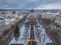 Lviv, Ukraine - 25, December 2018. Arial shot. Lvov Opera house. Christmas tree