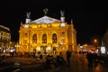Lviv, Ukraine - December 12, 2017: The Lviv Opera House Is Illuminated By Additional Illumination In The Evening Royalty Free Stock Photo