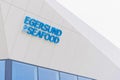 Lviv, Ukraine - February 20, 2022 : facade with signboard of Egersund Seafood supermarket chain, fish and seafood grocery store