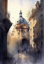 Lviv, Ukraine, illustration watercolor. AI generative. Travel