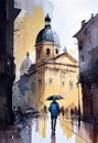 Lviv, Ukraine, illustration watercolor. Rain. AI generative