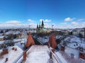 Aerial veiw on Elizabeth church in Lviv Ukraine from drone