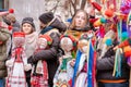 Lviv, Ukraine - January 8, 2022 : Many Christmas stars and handmade motanka dolls at annual Christmas Star Festival in Lviv