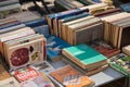 Lviv, Ukraine - January 16, 2022 : Old books in Ukrainian and russian at flea market stall as background. Collecting