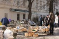 Lviv, Ukraine - January 16, 2022 : Old books and vintage vinils at Lviv flea market. Collecting rare books, bibliophilia Royalty Free Stock Photo