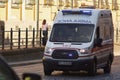 Lviv, Ukraine - July 13, 2019: the ambulance rides the streets of the city on the call of the sick