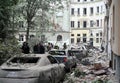 Lviv, Ukraine - July 6, 2023: Rescuers work in a apartment building partially destroyed after a Russian missile strike in city of