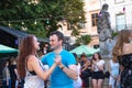 Salsa dancers in outdoor cafe near Diana fountain at Market square in Lviv